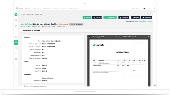 Interface logiciel note de frais